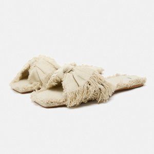 Zara Linen Bow Frayed Flat Sandals Light Beige Size 6.5 NWT